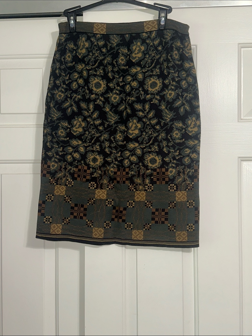 Peruvian Connection Knit Black and Olive Floral Jacquard Pencil Skirt